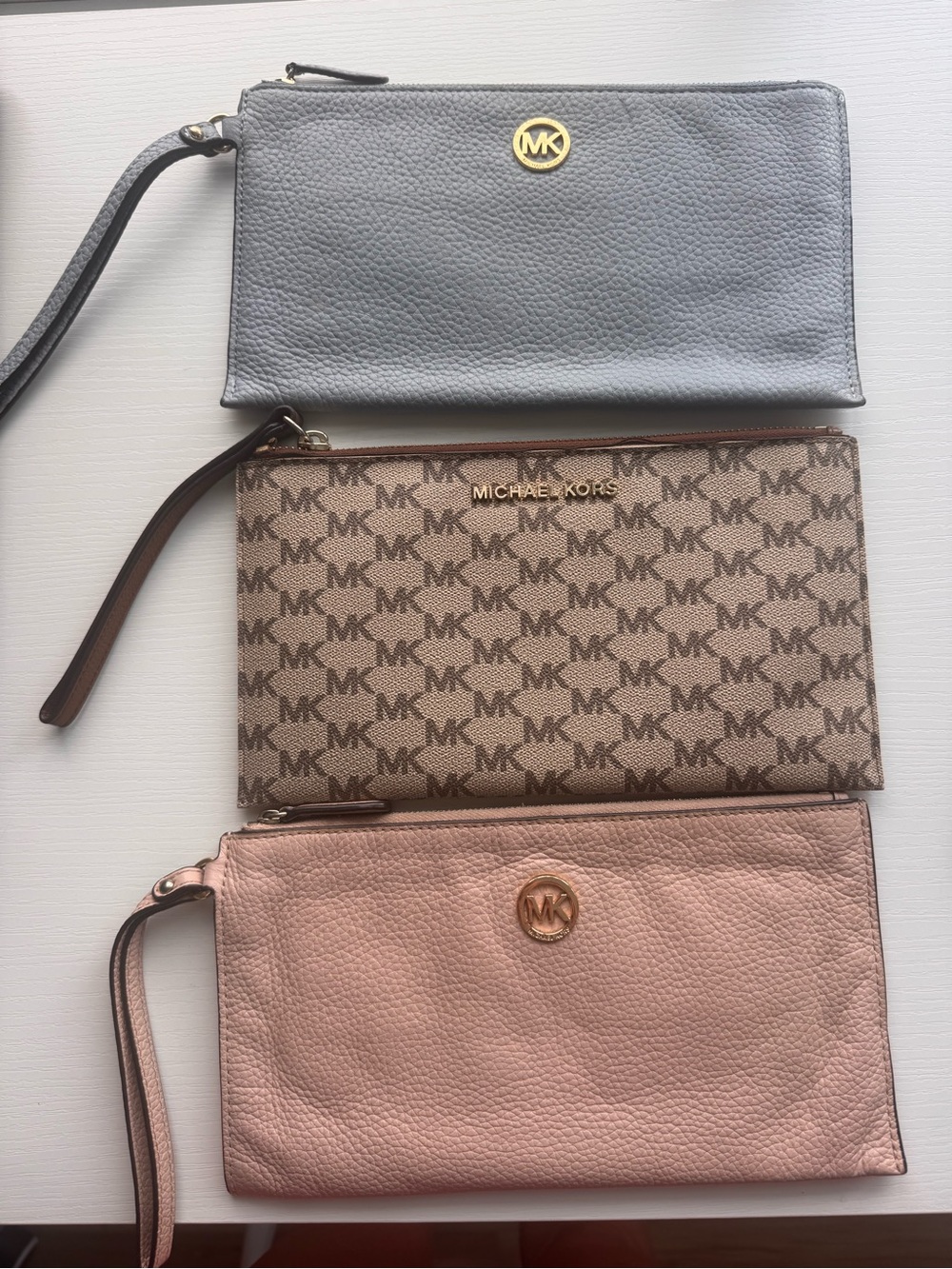 Michael Kors Trio Wristlet Set in Blue, Brown & Blush Pink